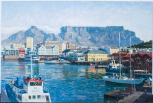 Image of restored painting showcasing a waterfront scene with Table Mountain, restored by System Restoration Technologies.