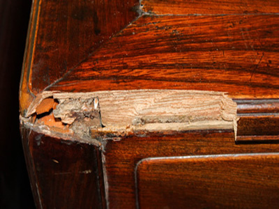 Close-up image capturing the details of a damaged cabinet in need of restoration.