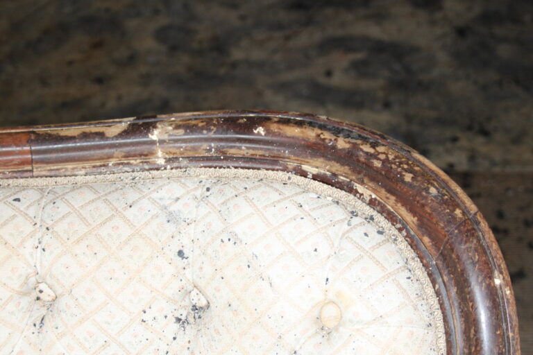 Close-up image of an antique chair in need of restoration, showcasing intricate details and signs of wear.