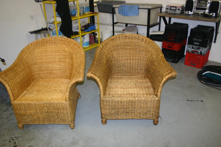Two wicker chairs requiring minor repairs and further inspection by SRT.