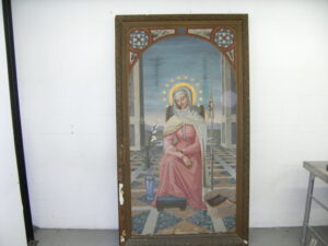 Full image of the St. Mary's painting, revealing its damaged frame and intricate details and historical significance.